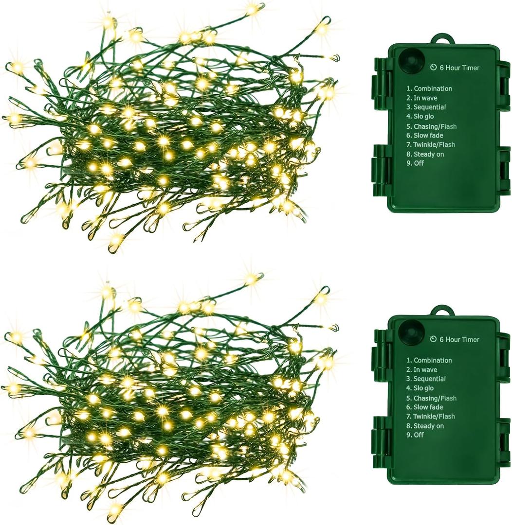 2Pack Outdoor Fairy Lights Battery Operated,10Feet 100LED Green Copper Wire Cluster Lights with 8 Modes and Timer,Twinkle String Lights, Mini Lights for Christmas Tree Wreath Wedding,Warm White