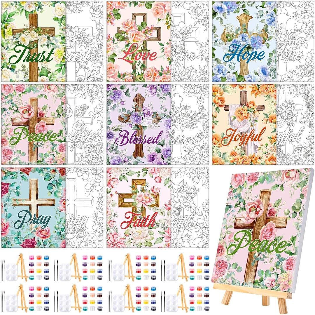 Humyoun 8 Sets 8" x 10" Inspirational Cross Pre Drawn Canvas to Paint for Sip and Paint Party Religious Predrawn Coloring Set Pre Sketched Canvas Boards with Paints and Brushes for Adult