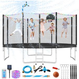 Lyromix Upgraded 10/12/14/15/16FT Trampoline with Light, Stakes, Sprinkler, Basketball Hoop and Net, Capacity for 4-6 Kids and Adults (Black)