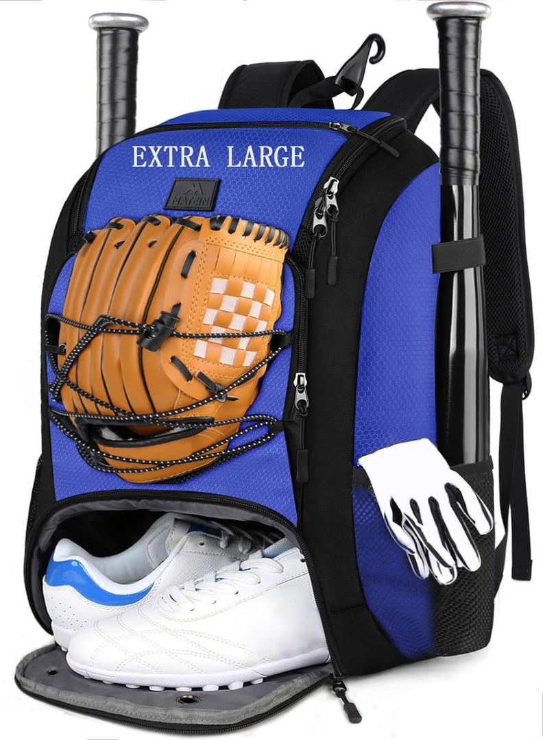 MATEIN Baseball Backpack, Softball Bat Bag with Shoes Compartment for Youth, Boys and Adult, Lightweight Baseball Bag with Fence Hook Hold TBall Bat, Batting Mitten, Helmet, Caps, Teeball Gear (47L, Blue)