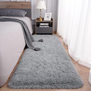 Rugs for Bedroom Long Plush 2x6 Feet Runner Rug for Living Room Ultra Soft Shaggy Carpet for Christmas Home Decor Fluffy Mat Faux Fur Rug for Bedside Nursery Kids Room College Drom, Grey