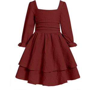 JiAmy Girls Dresses Square Neck Lantern Long Sleeve Ruched Smocked Back Double Layer Ruffle Dress (7-8 Years, Wine Red)