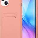 MZELQ Silicone Compatible with iPhone 15 Case, Card Holder Camera Protection Cover + Screen Protector, Card Slot Soft Slim Phone Case -Pink