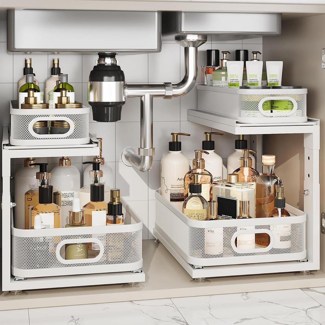 2 Pack Under Sink Organizer With Next-Gen Ball-Bearing Slides,2-Tier Precision Mesh Pull Out Cabinet Drawers Storage for Bathroom&Kitchen,Height Adjustable Shelf,Rust-resistant-Patent Pending (White)