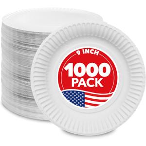 Stock Your Home 9-Inch Paper Plates Uncoated, Everyday Disposable Plates 9" Paper Plate Bulk, White, 1000 Count