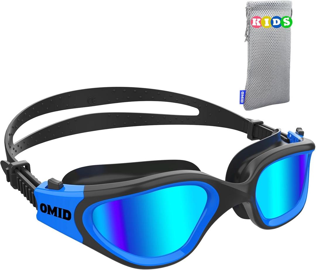 OMID Kids Swim Goggles, P2mini Polarized Swimming Goggles Comfortable for Age 6-14 (A0-mirrored Blue Lens Blackblue Frame)