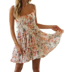 Gihuo Womens Floral Mini Dress Boho Flowy Skater Spaghetti Strap Ruffle Sleeveless Beach Dress 2024 Summer Sundresses (Small, Orange Flower)