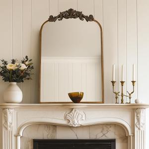 Arched Wall Mirror, Vintage Carved Bathroom Mirror 24" x 36" Bronze Antique Metal Frame Wall Mirror for Bedroom, Living Room, Entryway, Fireplace, Hallway