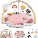 Blissful Diary Baby Play Gym & Activity Mat, 5 Developmental Zones Wooden Tummy Time Mat with 5 Detachable Sensory Toys for Motor Skills & Sensory Development, Baby Essentials Shower Gift, Pink Flower