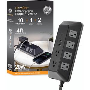 GE UltraPro 10-Outlet Surge Protector with USB, 2 USB-A, 1 USB-C, 4 Ft Braided Extension Cord, Multi Plug Outlet Extender, Adapter Spaced, Flat Plug, 3540 Joules, Charging Station, Black, 81785
