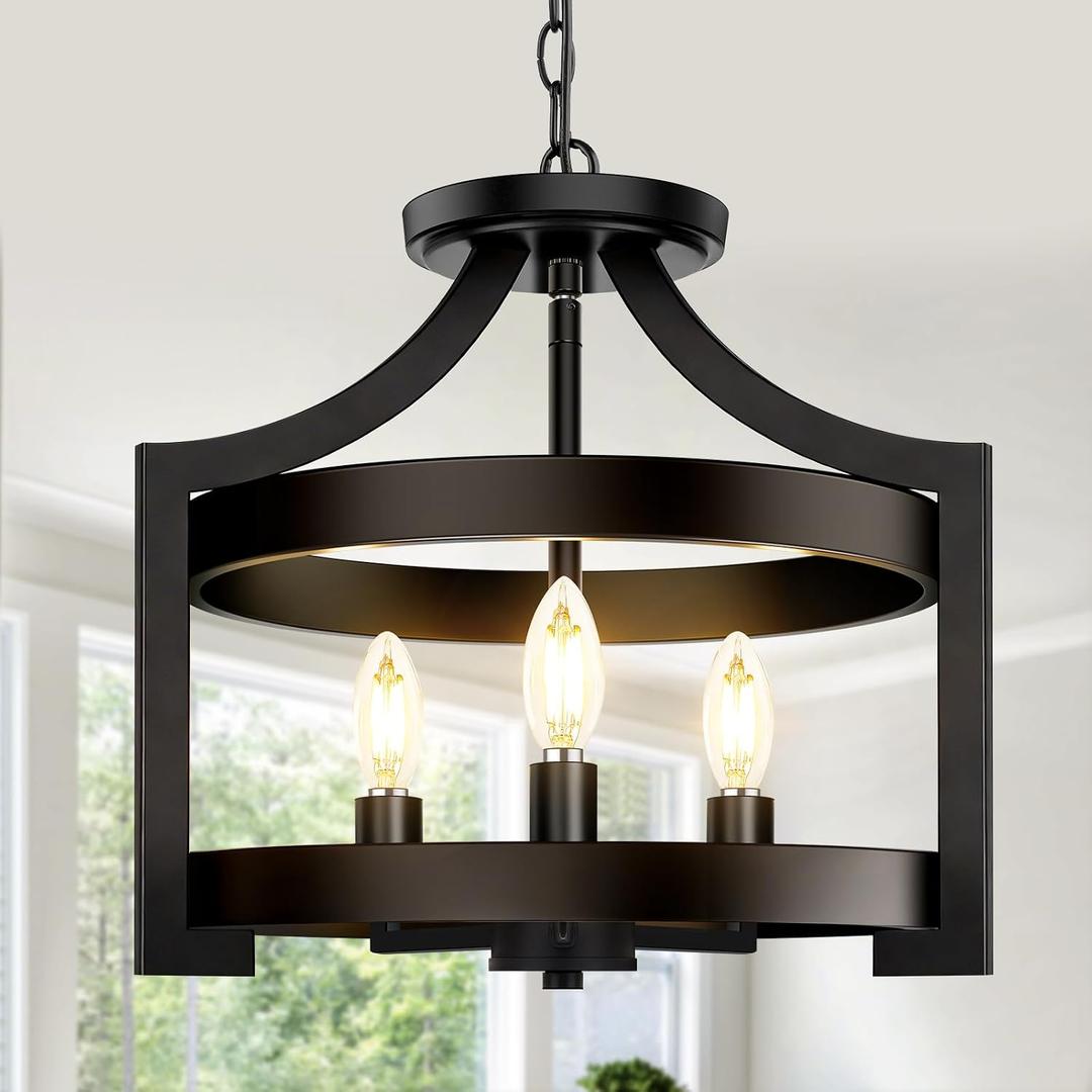 14.5in 3-Light Farmhouse Chandelier, Pendant Hanging Lighting Adjustable Height, Convertible Vintage Semi Flush Mount Ceiling Light Fixture, Rustic Black Chandeliers for Dining Room Foyer Entryway