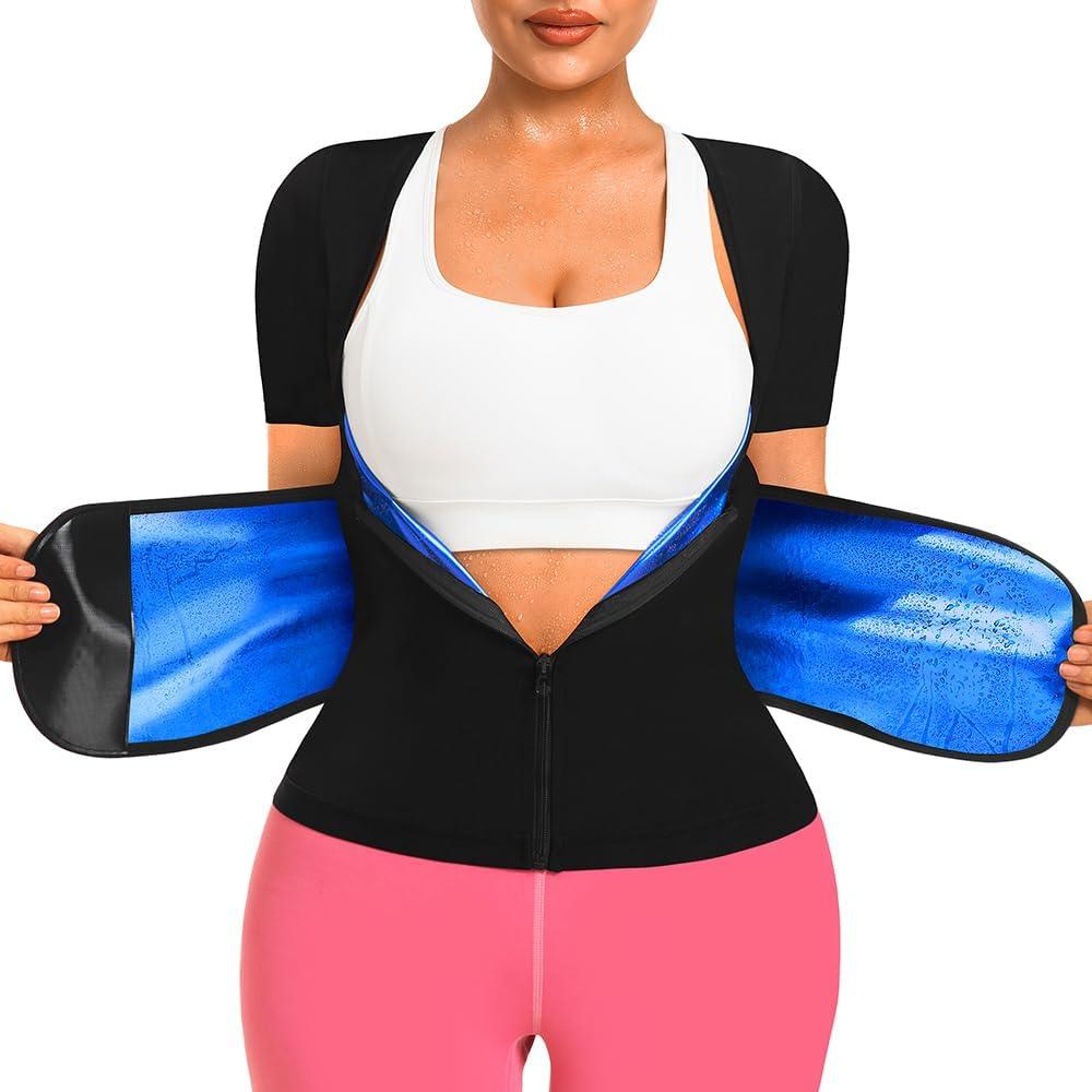 Sauna Shirt for Women Sauna Waist Trainer for Women Weight Loss Sauna Suit Workout Sauna Vest Zipper Body Shaper (Black, XL)