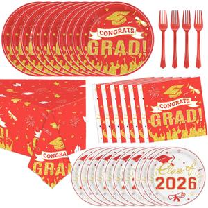 Graduation Plates and Napkins Party Supplies 2026 Graduation Decorations for 24,Red Disposable Grad Plates Class of 2026 Dessert Plates Napkins,Tablecloth,Forks,for Congrats Grad Party Decorations
