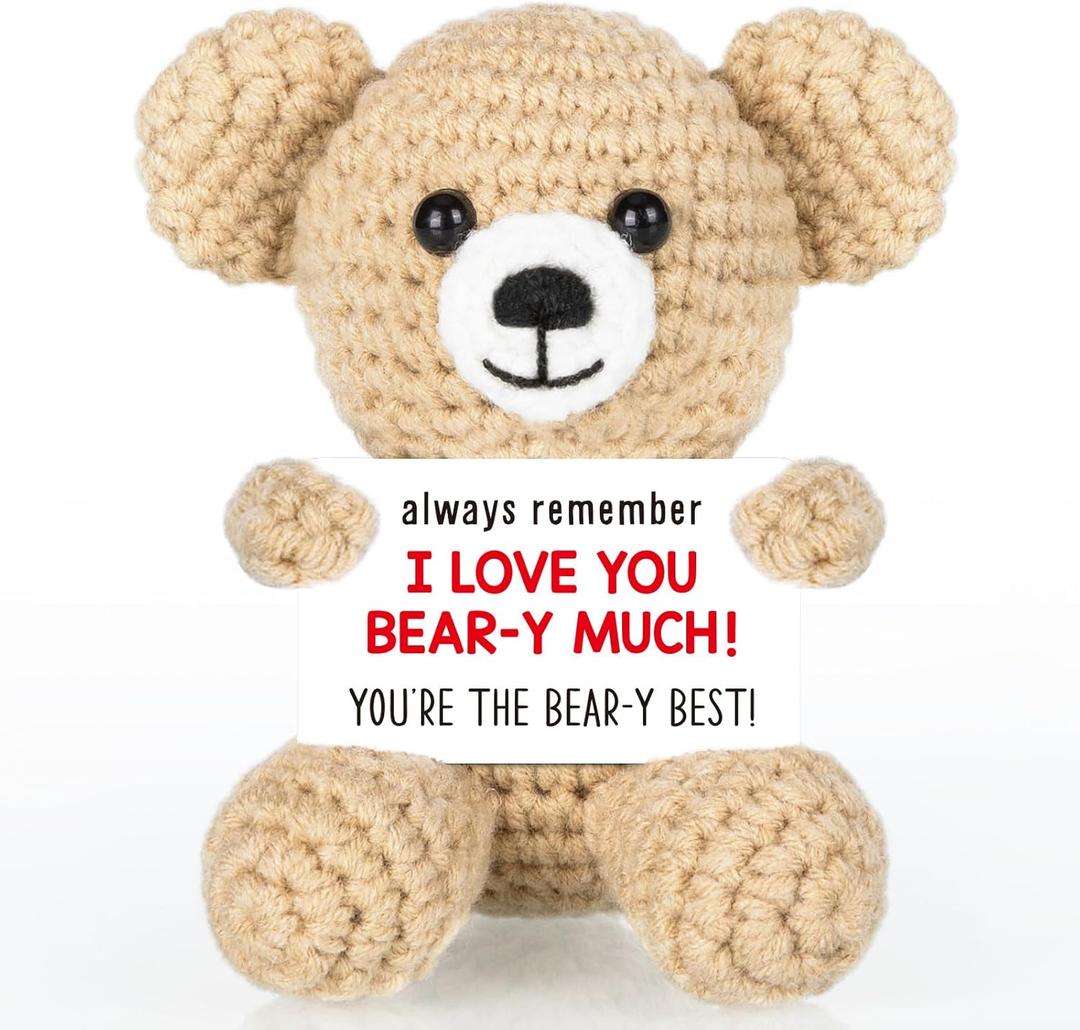 WELLBANEE Mini Crochet Bear Gifts for Her Him, Wife Husband Girlfriend Boyfriend I Love You Gift, Anniversary Birthday Gifts, Handmade Bear Small Stuff Things