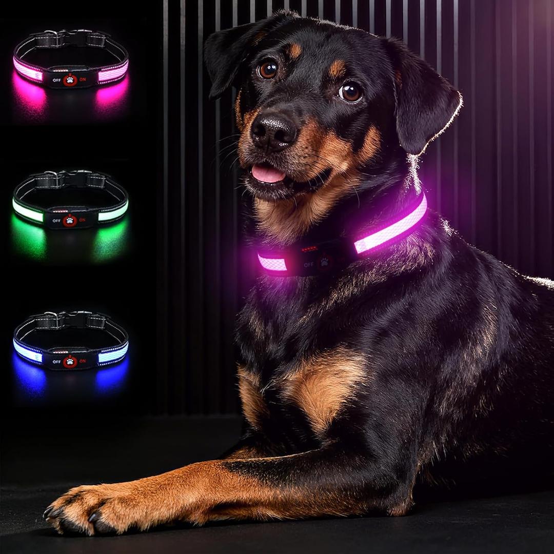 Light Up Dog Collar-Rechargeable & Long-Lasting Power LED Dog Collar Lights for Night Walking, Waterproof & Safety Glowing Collars for Large Dogs [Pink-L]