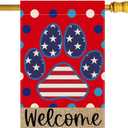 Welcome Dog Paw Dots Stripes Stars America 4th of July Memorial Day Independence Day House Flag 28X40 Inch Vertical Double Sided for Outside Yard Outdoor Farmhouse Holiday Decoration