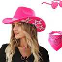 SHENYI Cowgirl Hat and Bandana and Heart Sunglasses Glitter Rhinestone Star Cowboy Hat Western Sparkly Hats for Women Men, Hot Pink