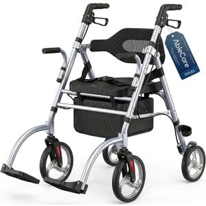 Updated Rollator Walker for Seniors with Seat, 2 in 1 Rolling Walker Wheelchair Combo for Mobility-Impaired, Dual Height Adjustment, Lightweight & Foldable Rollator, Capacity 310lbs (Grey)