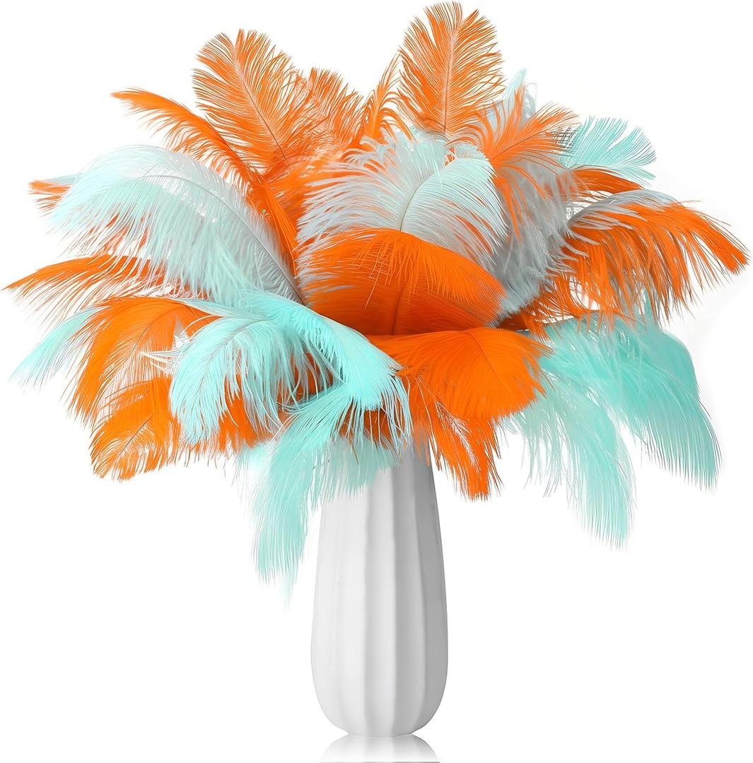 Suncalla 50 Pcs Showgirl Party Decorations 10 to 12 Inches Orange and Mint Green Ostrich Feathers Loose Natural Feathers for Crafts, Wedding, DIY Costumes, Home Vase Decorations