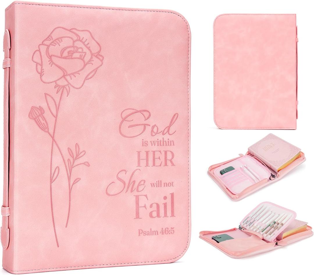 GUEER Bible Cover for Women, Bible Holder, Bible Cover Carrier Carrying Organizer Bag, Zipper and Pockets for Standard Size Bible, Gift for Women(Leather-Pink)