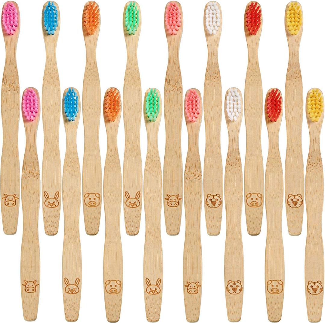 16 Pcs Kids Bamboo Toothbrush Soft Bristle Natural Toothbrush Wooden for Kids with Colorful Bristles and Ergonomic Animal Designs Handles
