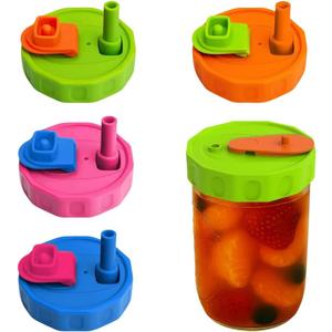 4 Pack Silicone Wide Mouth Mason Jar Lids with Straw for Ball, Kerr and More,Food Grade Canning Jar Drinking Lids,Storage Caps for Mason,Leak-Proof