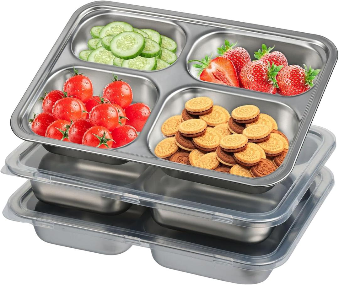 CIEOVO 3 Pieces Stainless Steel Snack Containers with Lids, Balanced Bites Divided Plates 4 Compartments Divided Food Storage Container Portion Control Metal Lunch Tray for School Home Travel
