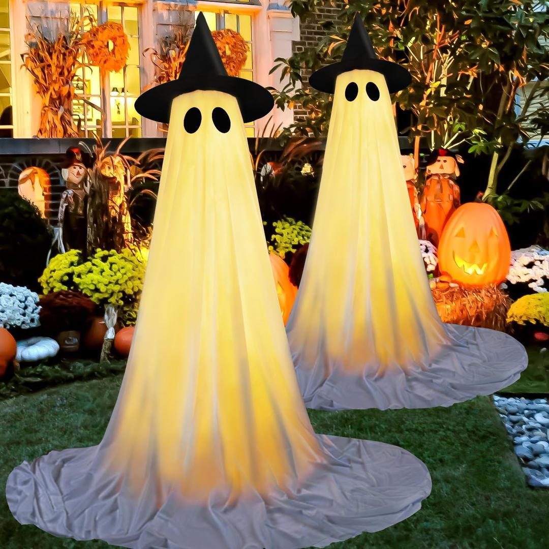 Christmas Decorations Ghost Outdoor Light Up Ghost Kit 2Packs, Christmas Decor with String Lights, Spooky Christmass Ghosts Decorations Outside with Witch Hat for Lawn Yards Front Porches