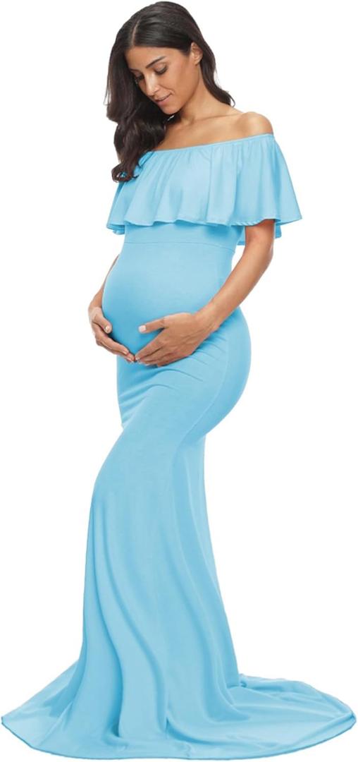 Glampunch Womens Off Shoulder Maternity Dress Ruffles Elegant Slim Gowns Fit Maxi Photography Dress (XX-Large, Sky Blue)