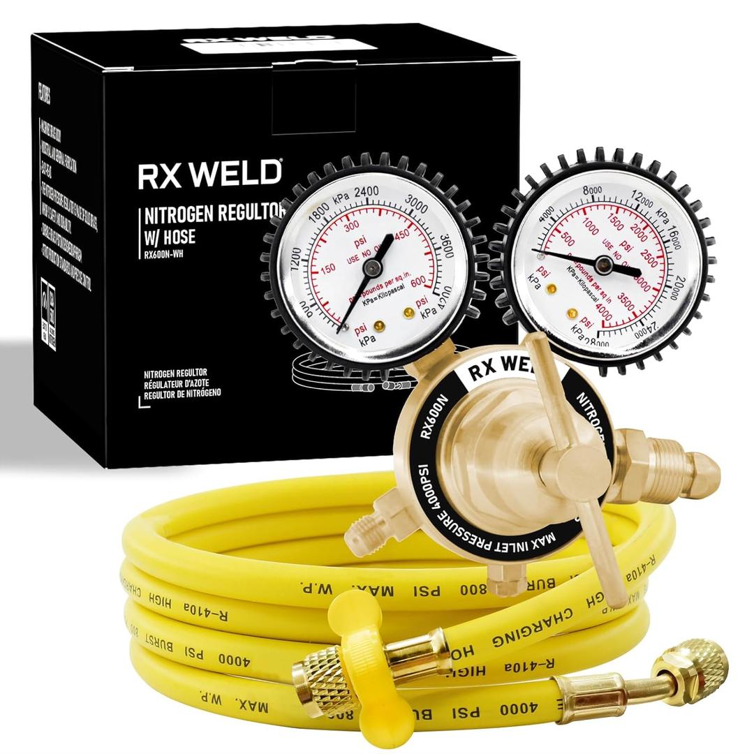 RX WELD Nitrogen Regulator with 0-600 PSI, CGA580 Inlet, 1/4-Inch Male Flare Outlet Connection, Nitrogen Tank Regulator with 5Ft Refrigeration Hose RX WELD Nitrogen Regulator with 0-600 PSI, CGA580 Inlet, 1/4-Inch Male Flare Outlet Connection, Nitrogen Tank Regulator with 5Ft Refrigeration Hose