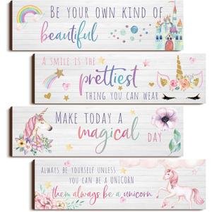 Yulejo Unicorn Wall Decor Girls Rainbow Wall Art Unicorn Room Decor Rainbow Motivational Inspirational Room Bedroom Decorations for Christmas Girl Kids Bedroom Nursery Decoration Gift (Adorable Style)