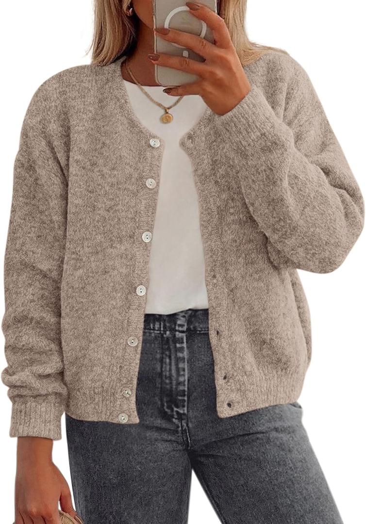 PRETTYGARDEN Fall Long Sleeve Cardigans for Women Trendy 2026 Lightweight Button Down Crewneck Loose Knit Sweater Clothes, S