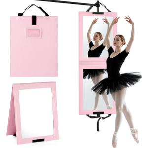 Shinowa Foldable Portable Full Length Mirror for Dancer, Camping and Travel, Shatter-Proof Acrylic Hanging Mirror with Handle, 33x13 Inch Full Body Travel Backstage Mirror, Pink