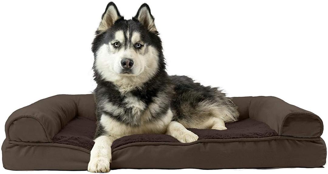 Furhaven Cooling Gel Dog Bed for Large Dogs w/ Removable Bolsters & Washable Cover, For Dogs Up to 95 lbs - Plush & Suede Sofa - Espresso, Jumbo/XL