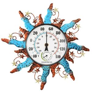 pealstar Waterproof Indoor Outdoor Thermometer 13 Inch Large Wall Thermometer with Hygrometer Decorative Metal Sun Outdoor Thermometers for Patio Garden Yard Living Room Decor