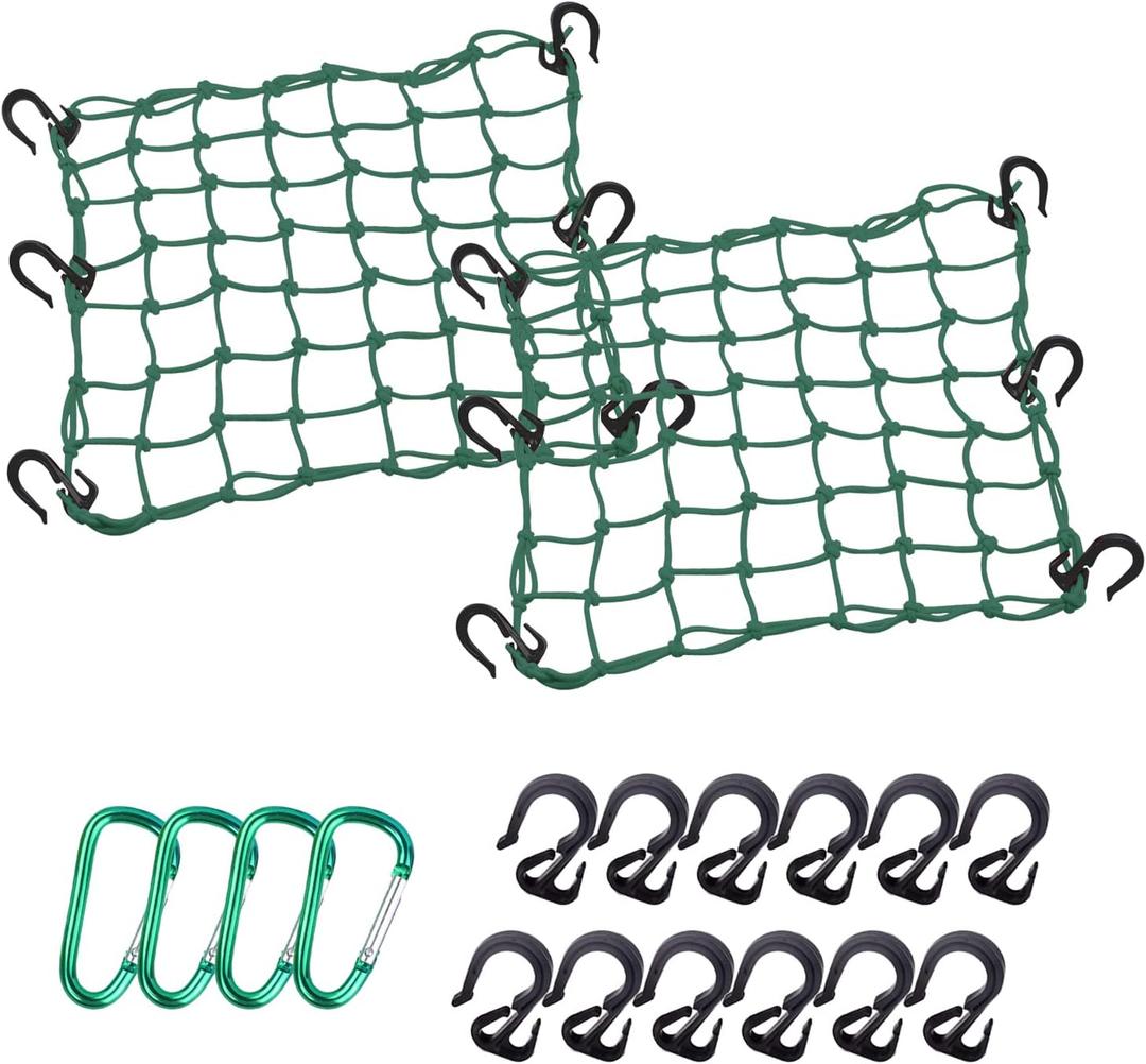 Cargo Net 15"x15" Stretches to 30"x30" with Thicken Hooks | Natural Latex Core, Tight 2x2 Mesh Small Heavy Duty Bungee Net for Motorcycle Helmet, Bike, ATV, UTV, Luggage (Army Green,2 Pack)