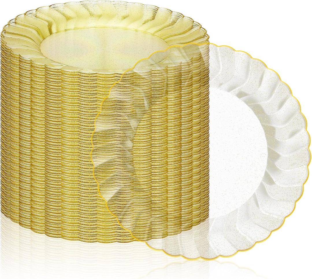 Hushee 50 Pcs Plastic Plates with Gold Trim 6'' Small Round Disposable Vintage Dessert Plates for Party Birthday Buffet Wedding Catering Celebration Reception (Gold)