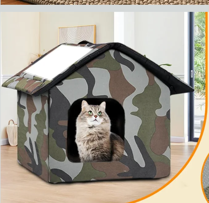 Cat House for Outdoor Cats, Weatherproof Feral Cat House with Mat and Doors, Easy to Put Together, Collapsible Warm Pet Nest Kitty Shelter for Winter, Never Blow Away