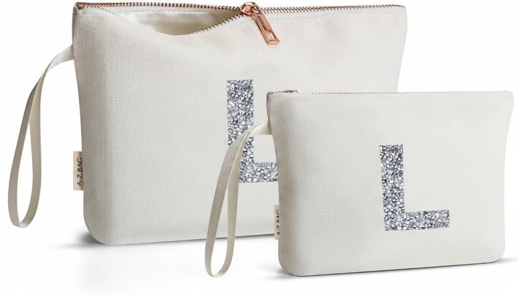 A-Z BAG 2pcs Personalised Makeup Bag Set, Canvas Cosmetic Bag with Rhinestone Initial, Birthday Gifts for Women (L, Beige)