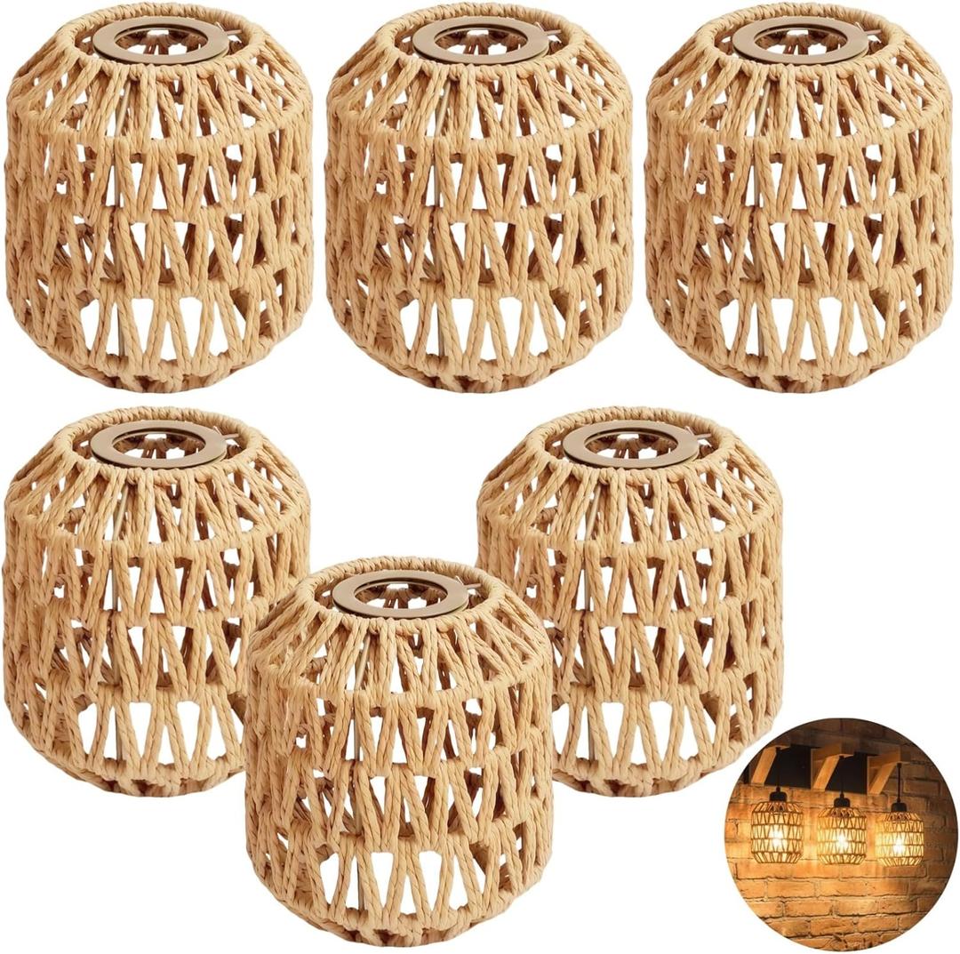 6pcs Bohemian Rattan Lamp Shades, 5.9 x 5.1 in Small Boho Handwoven Paper Rope Lamp Shade Replacement for E27 Light Fixtures,Wicker Lampshade for Bedroom,Pendant, Wall,Table & Ceiling Lamp Covers