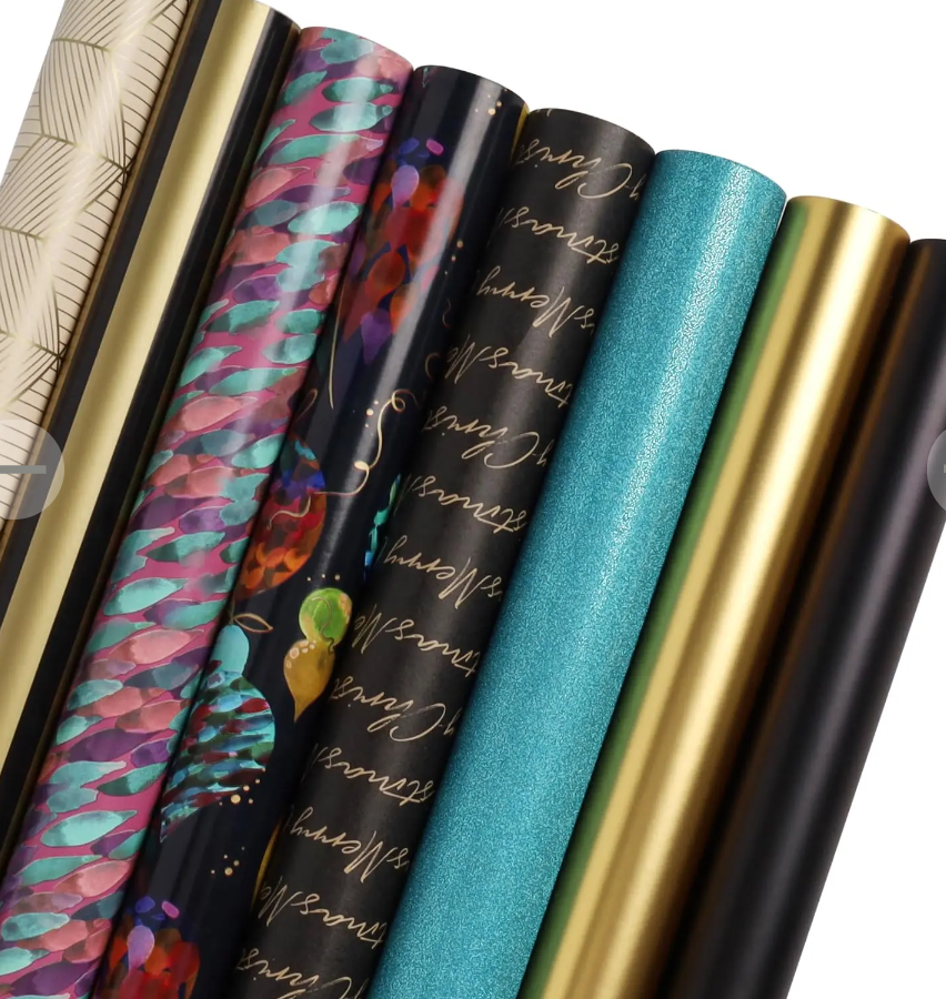LaRibbons Black Christmas Wrapping Paper Rolls with Cutlines, 30Inch × 10Feet, 8 Rolls: 200 sq.ft.ttl, Matte Gold Black and Stripes Jewel Gift Wrap Bundle for Christmas, Holiday, Season Party