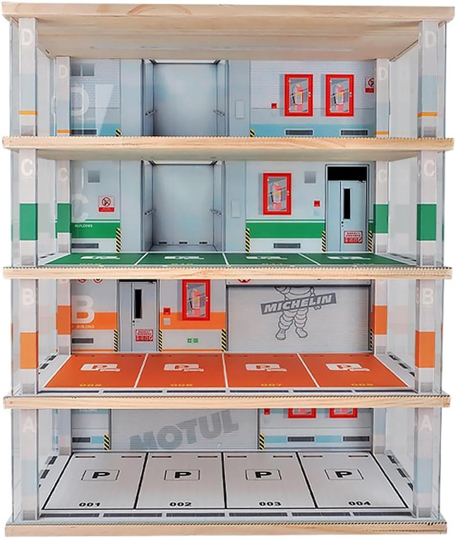 1:24 Scale Car Model Display Case 4 Tiers,with LED Light and Acrylic Dust Cover Toys Car Model Display Stand ,Parking Lot Scene Hot Diecast Wheels Storage Cabinet