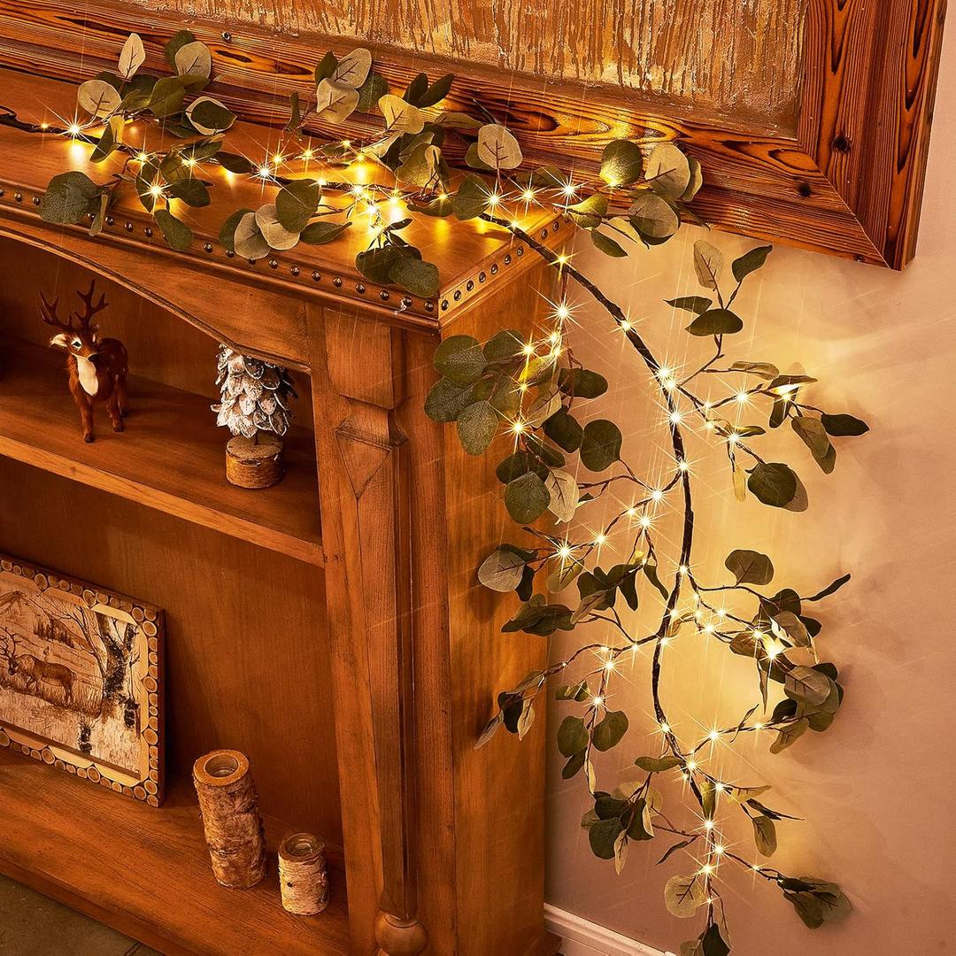 Birchlitland Decorative Garland Lights 6FT 96 LED Fairy Lights, Lighted Eucalyptus Twig Garlands with Timer Battery Operated for Bedroom Stairs Party and Holiday Decor Indoor Outdoor (2 Pack)