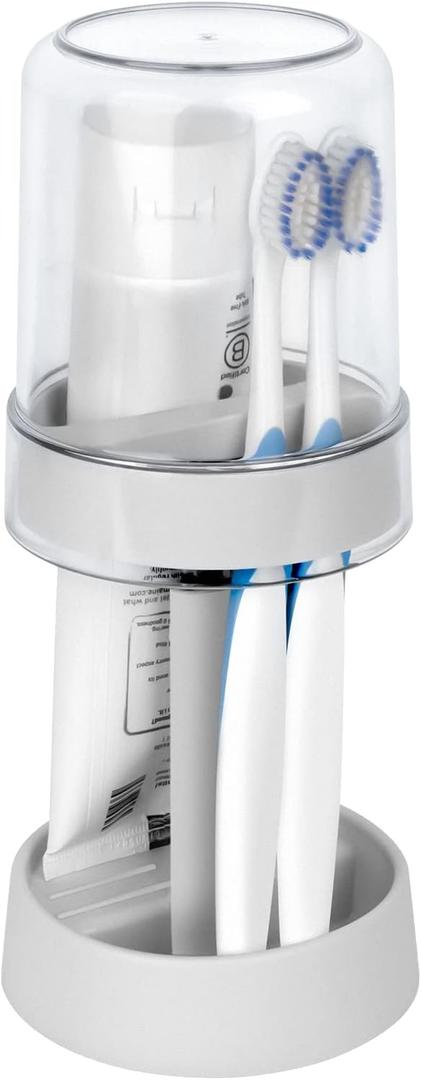 Covered Toothbrush Holder with Cup for Bathroom Countertop, Dust-Proof Stand with Adjustable Height for Electric & Regular Toothbrushes (White)