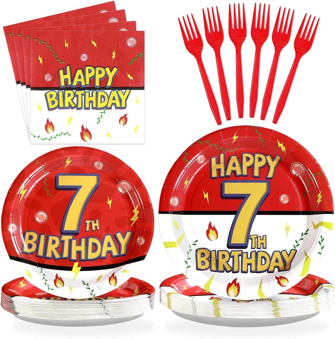 Grencian 96Pcs Happy 7th Birthday Party Supplies Cartoon Anime Themed Paper Plates and Napkins Tableware Sets Red and White Decoration for 7 Year Old Birthday Kids Children Party Serves 24