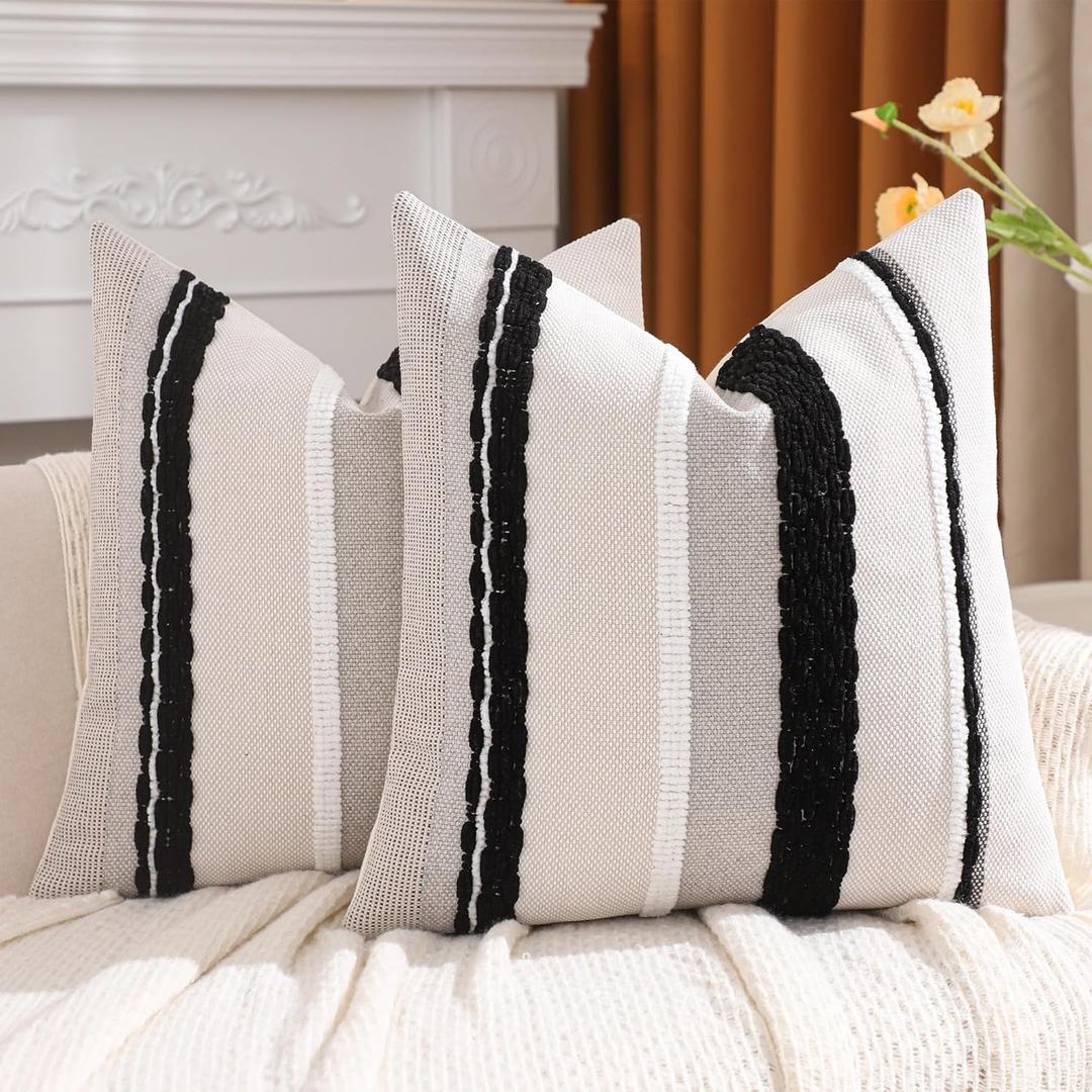 Tosleo Black and White Throw Pillow Covers 18 x 18 Set of 2 Striped Patterned Decorative Pillow Cases Accent Chenille Pillowcases Farmhouse Cushion Case Bohemian Nuetral Textured Tufted Pillow Cover