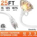 25 ft 12 Gauge Heavy Duty 3 Outlet Extension Cord Splitter with Indicator, Waterproof Outdoor Extension Cord with Multiple Outlets, 15A 1875W for Small Appliances, ETL Listed, White SJTW