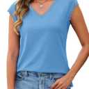 JUSTFASHIONNOW Lace Blouse Soft Cap Sleeve Tops for Women Summer V Neck Tank Tops Dressy Casual Shirts Trendy Clothes (Blue, XL)