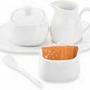 Dicunoy Set of 4 Sugar and Creamer Set, Small Creamer Pitcher with Handle for Coffee Bar, Sugar Bowl with Lid, Spoon and Tray, White Ceramic Sweetener Packet Container for Tea, Milk