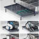 SUNLY Large Dish Drying Rack, Expandable Dish Racks for Kitchen Counter, Space Saving 304 Stainless Steel Drying Rack Kitchen, Extra Large Drainer with Multifunctional Flip Up Pegs, Gray